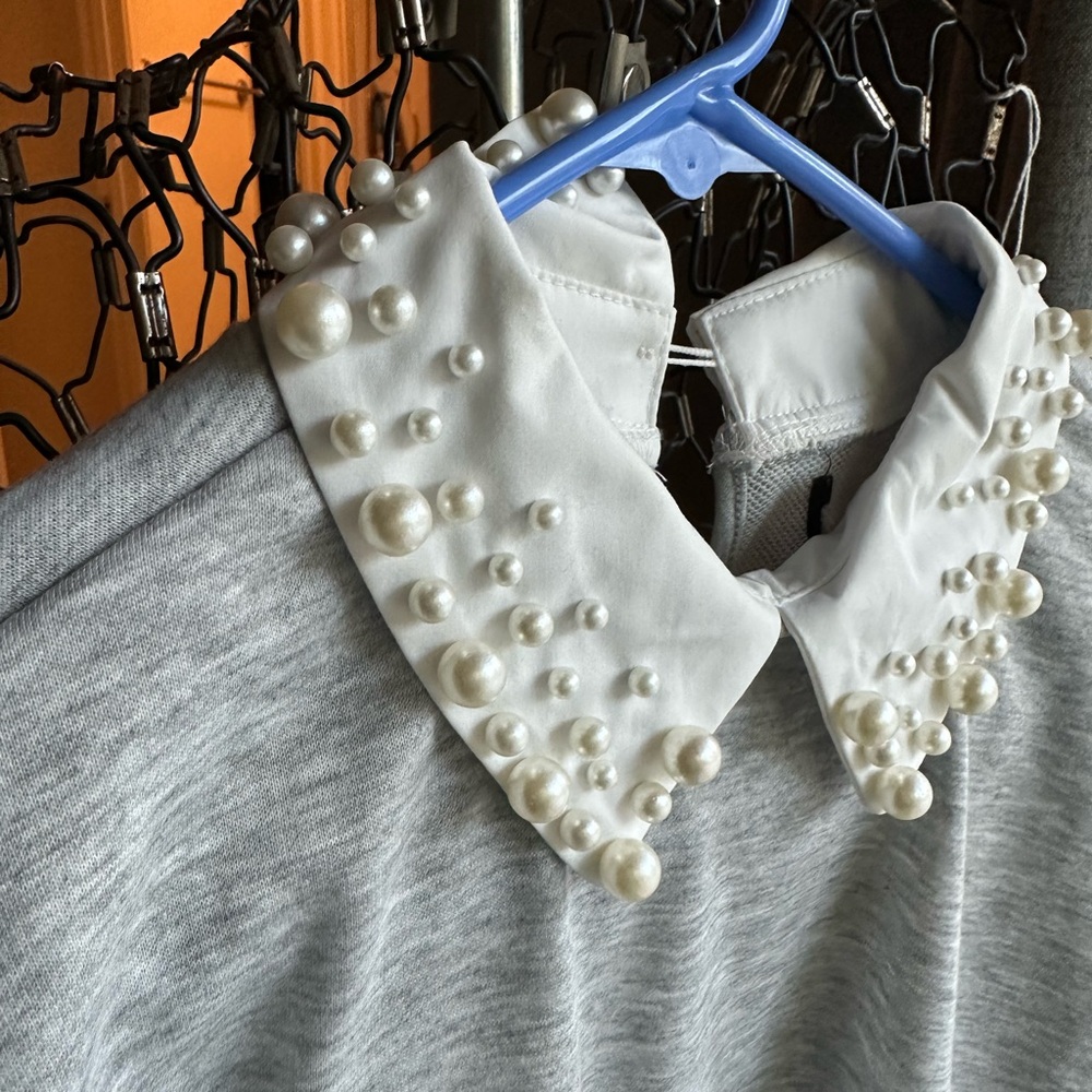Gray Top with Pearl Embellished Collar